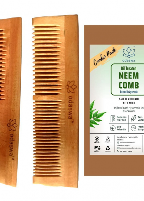 ODASWA Ayurvedic Neem Wooden Comb | Keratin+ Infused with Onion, Sesame Oil & 13 Herbs | Anti-Hair Fall, Frizz Control, Hair Growth Comb | Dual Tooth & Handle Combs | Combo Pack for Men & Women